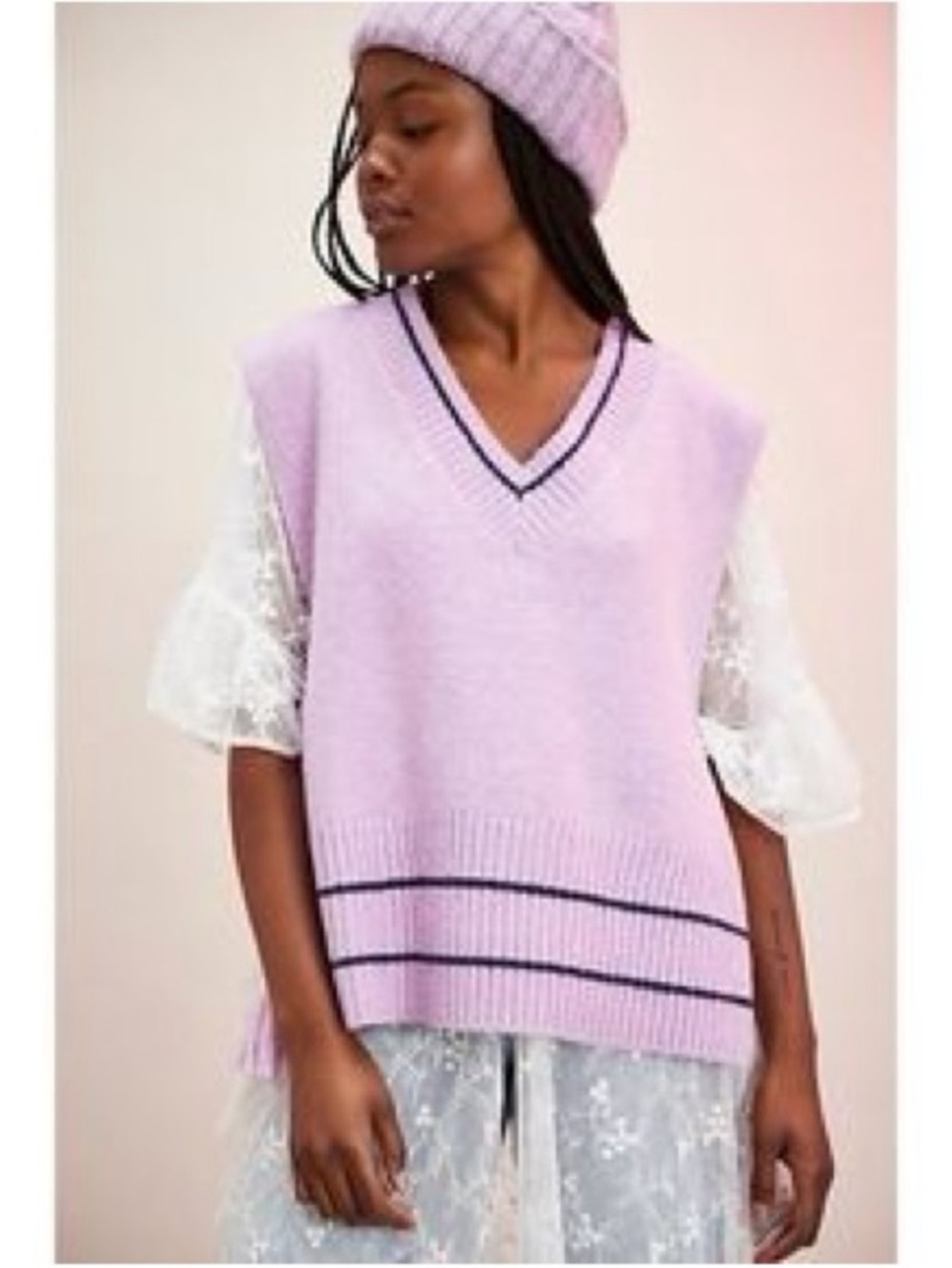 Free People All Star Stripe Oversized Sweater Vest Poncho in Lavender One Size